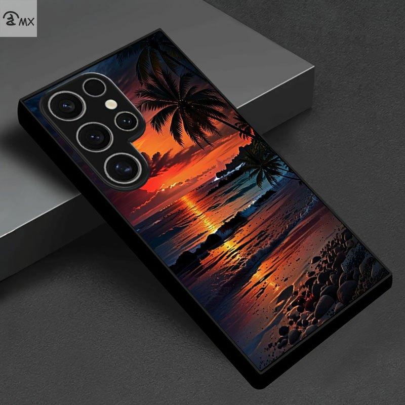 Phone Case: Sunset Beach Coconut Tree Scenic Pattern Design Black Tempered Glass Phone Case Suitable for Samsung Galaxy S26 S25 S24 S23 S22Pro S21 S20 Fe Plus Ultra Pro A56 A55 A54 A53 A52 A51 A36 A35 A34 A32 A26 A25 A24 A23 A16 A15 A14 A06 A05 A03s