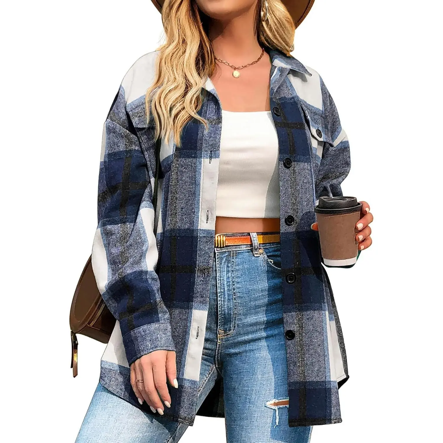 Women's Plus-Size Flannel Plaid Shacket - Longsleeve Button-Down, Casual Fall Top, Longsleeves