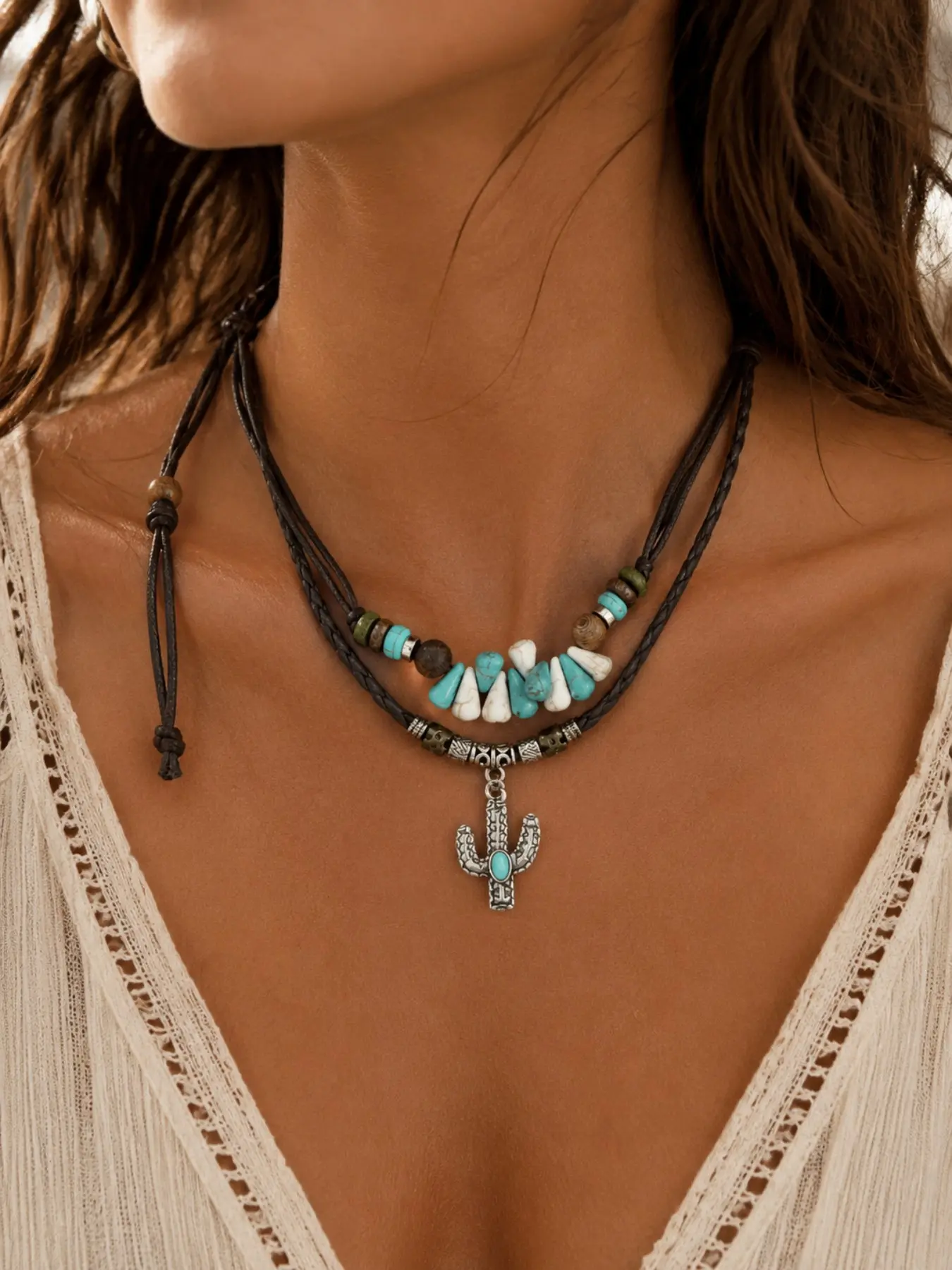 Boho Style Owl Pendant Necklace, Adjustable Wax Thread Chain, Vintage Turquoise Inlay, Fashionable Party Accessory, Summer Jewelry