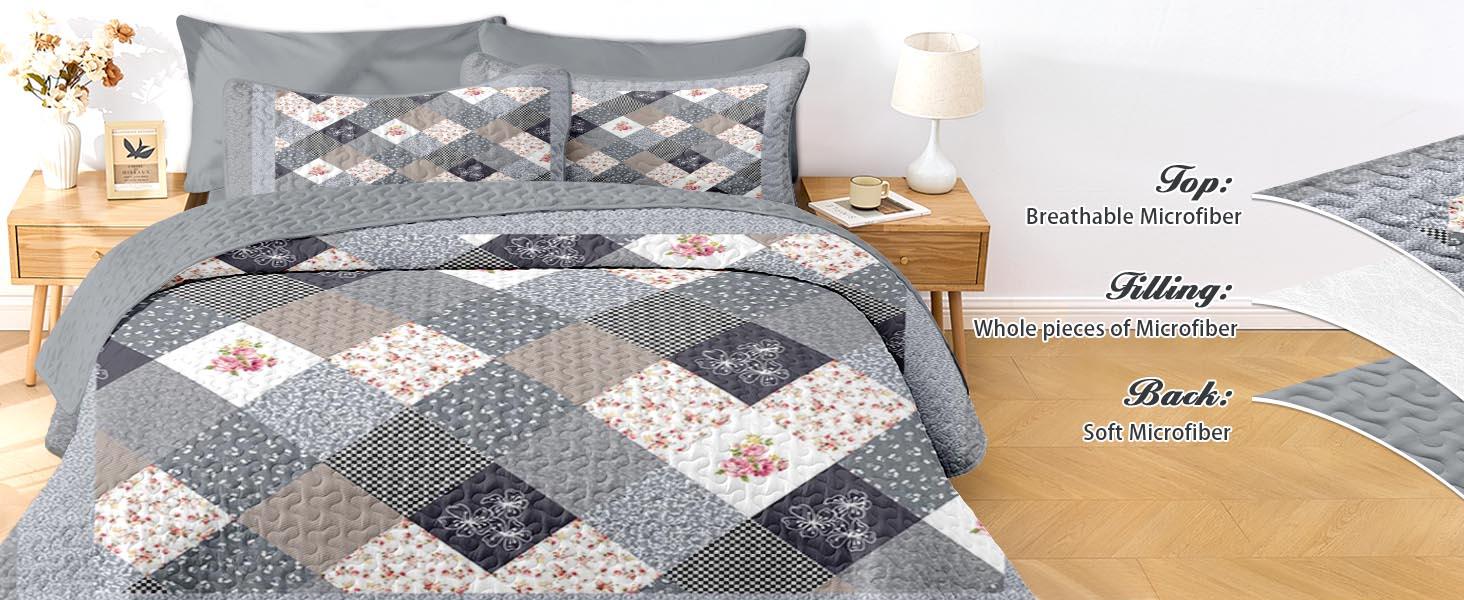 Patchwork Set Queen Size, Floral Rustic 3 Pcs Soft Bed Cover Bedding Set, Boho Flowers Lightweight Bedspread Coverlet with 2 Pillow Shams for All Season