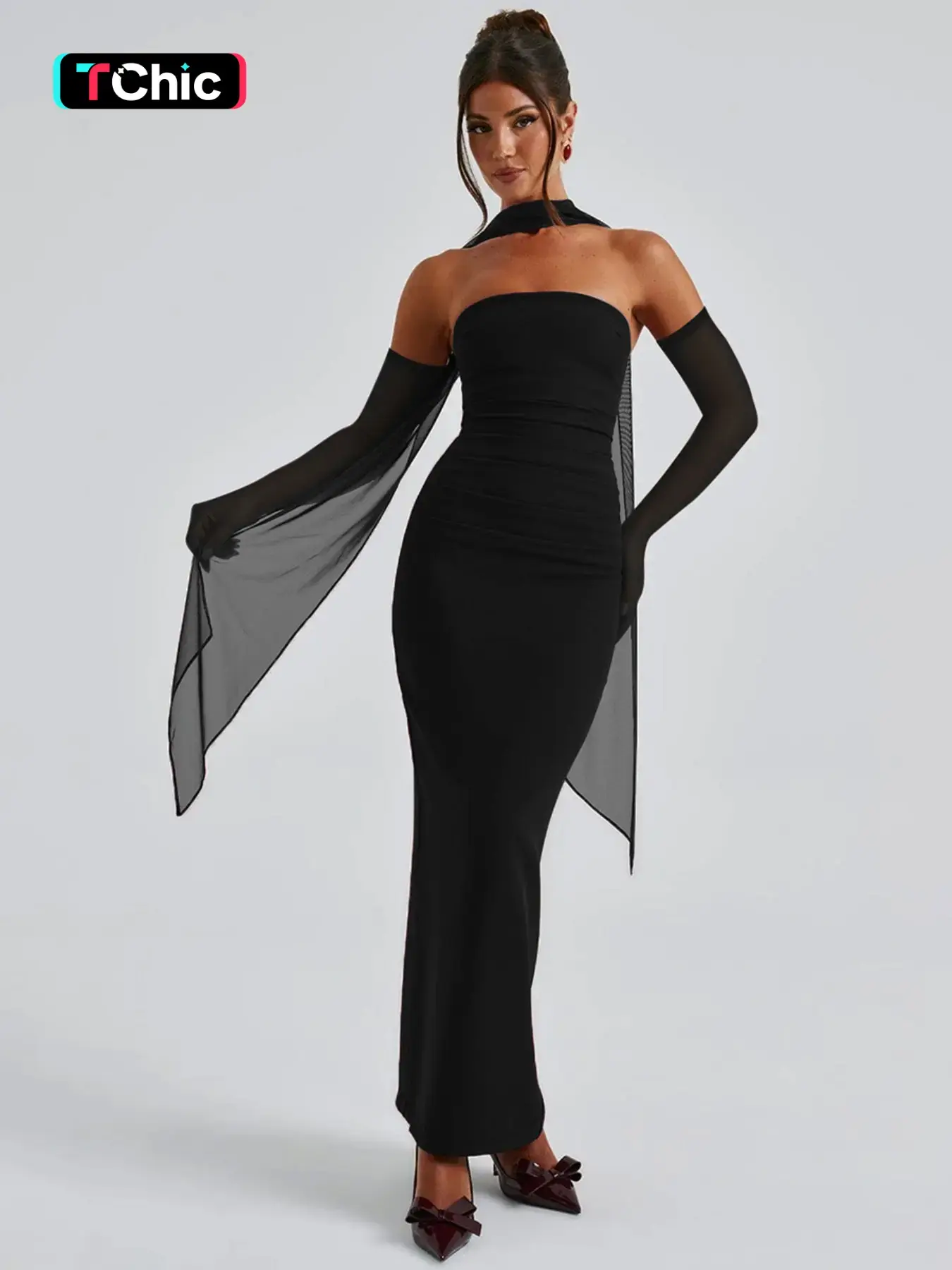 Women's Solid Strapless Tube Dress & Scarf & Sleeves Set, Black Tie Wedding Guest Dresses Outfit, Elegant Fashion Maxi Dress Set for Party Club Dating Holiday, Ladies Summer Clothes