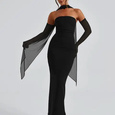 Women's Solid Strapless Tube Dress & Scarf & Sleeves Set, Black Tie Wedding Guest Dresses Outfit, Elegant Fashion Maxi Dress Set for Party Club Dating Holiday, Ladies Summer Clothes, Evening Dresses