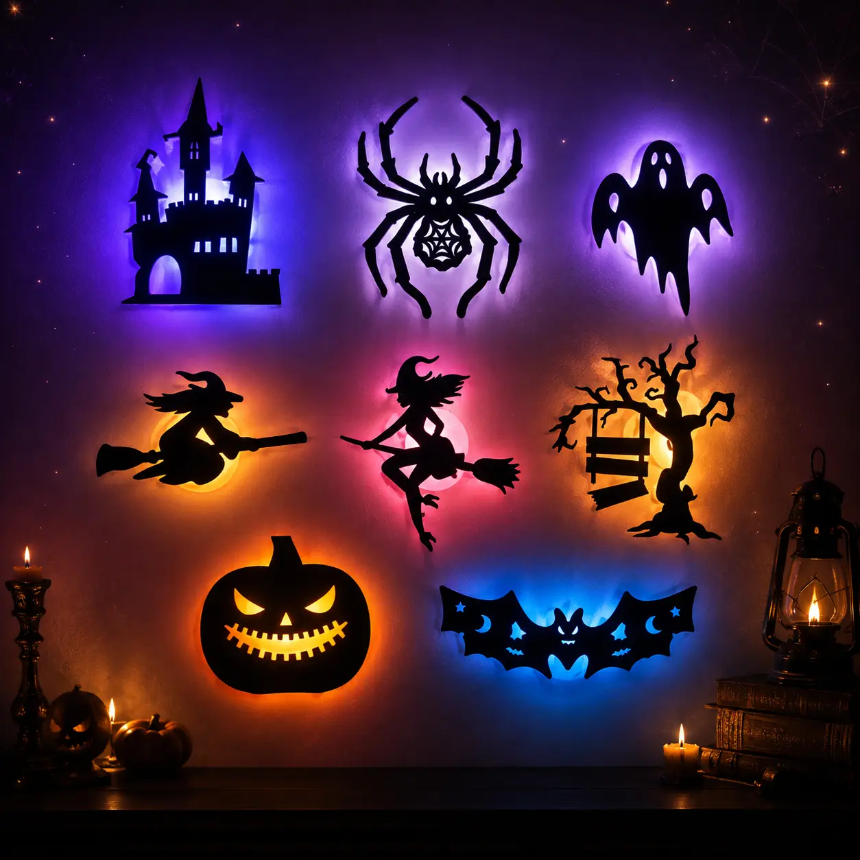 Halloween LED Silhouette Wall Light Stickers, Battery Powered Peel & Stick Decor Lights, No Drill PET Waterproof Wall Decor, Spooky Ghost Pumpkin Witch Bat Castle Spider Tree Ornaments for Home Window Door Party, 8/30 Pack Available