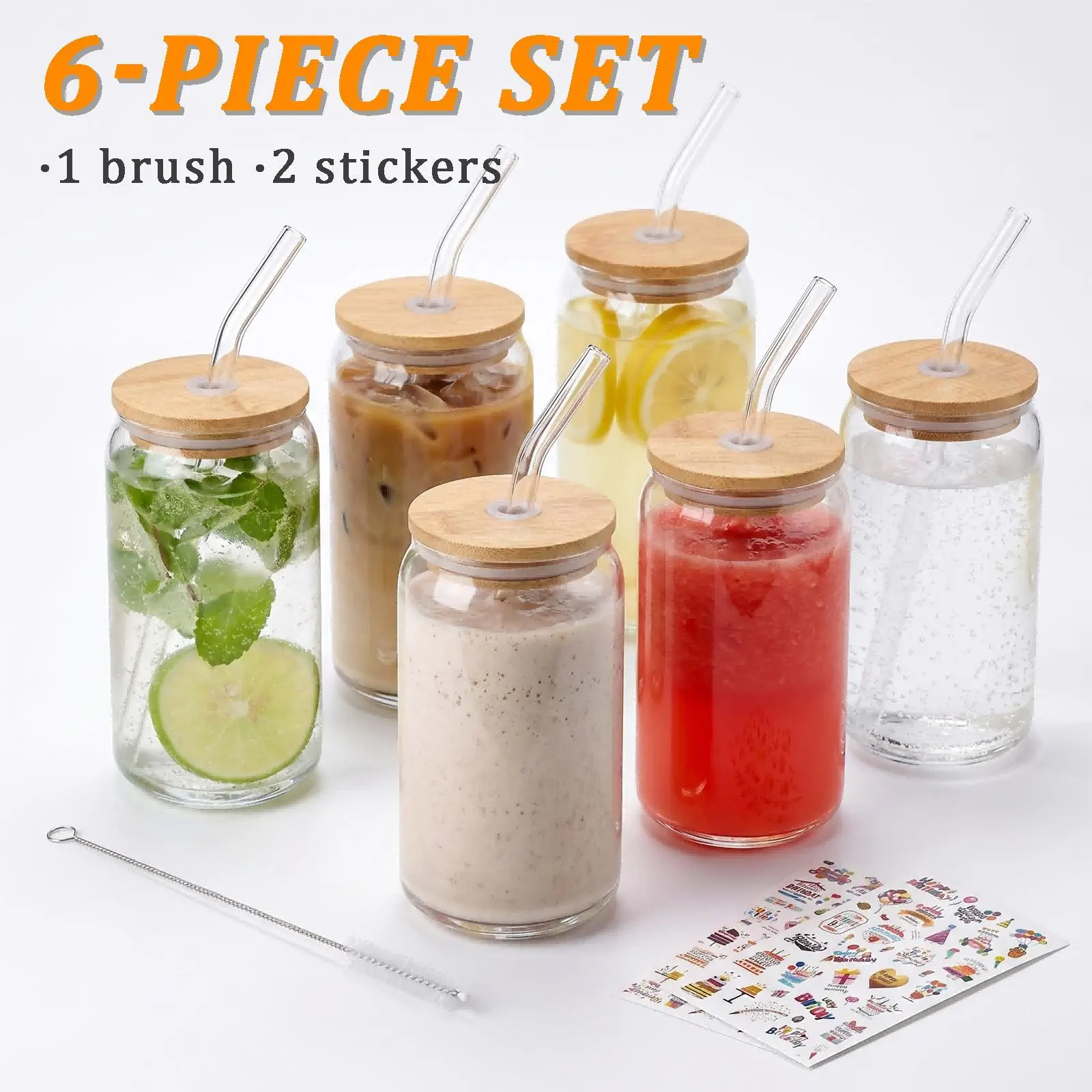 4/6/8 Pcs Glass Cups, Tumbler with Bamboo Lids & Straws, Cute Ice Coffee Drinkware, for Boba Tea Soda Cocktail, Comes with 2 Cleaning Brushes