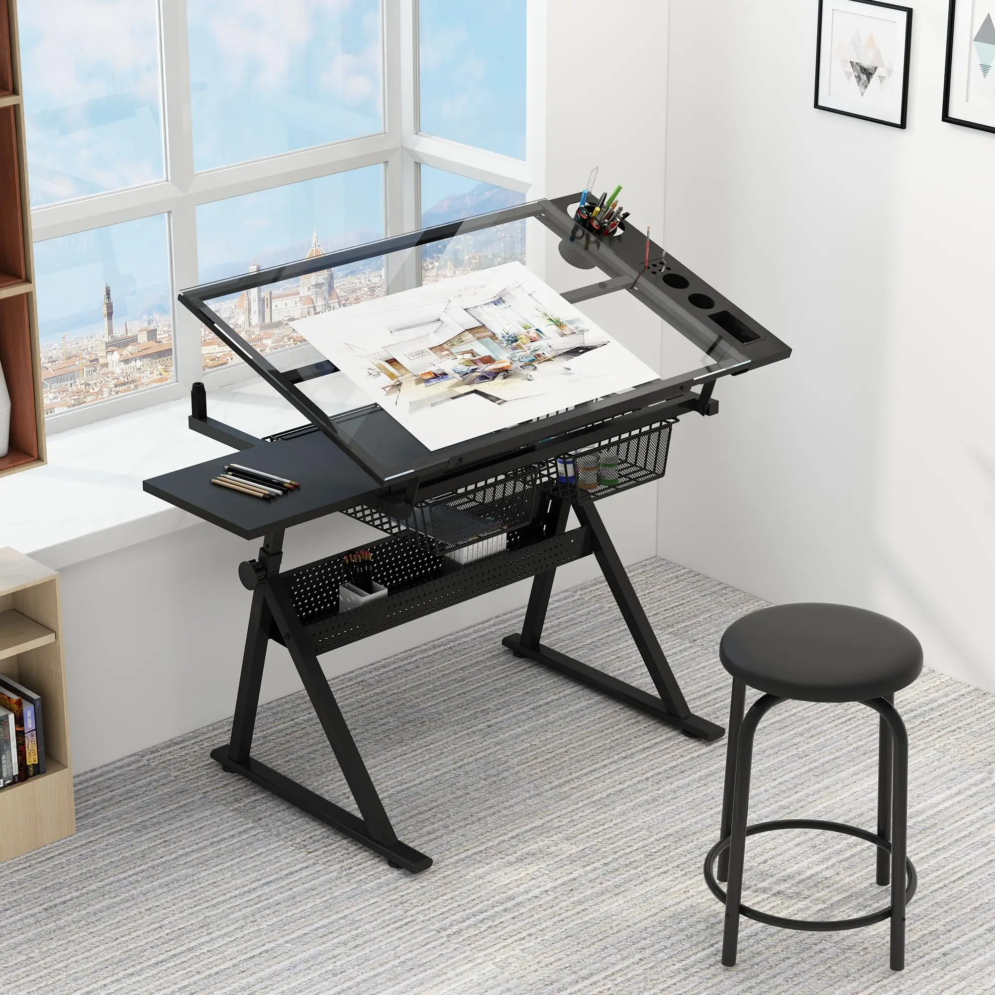 Adjustable Height Drafting Table with Stool - Metal Frame, Multifunctional Art Craft Workstation, Tiltable Glass Tabletop, 2 Storage Drawers, Black/White Office Furniture for Home Office Use