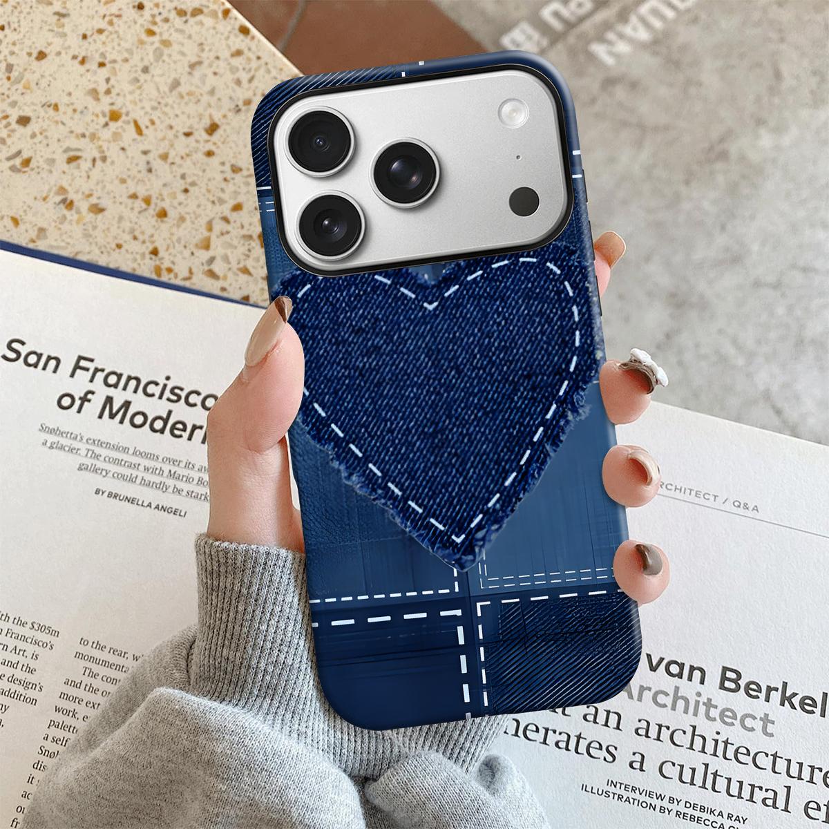 Denim Heart Patchwork Design Phone Case Drop Proof for iPhone 17 Pro Max/16 Pro Max /15Pro Max 15/14/13/12 & Samsung S26 /S25Ultra Trendy ins Style