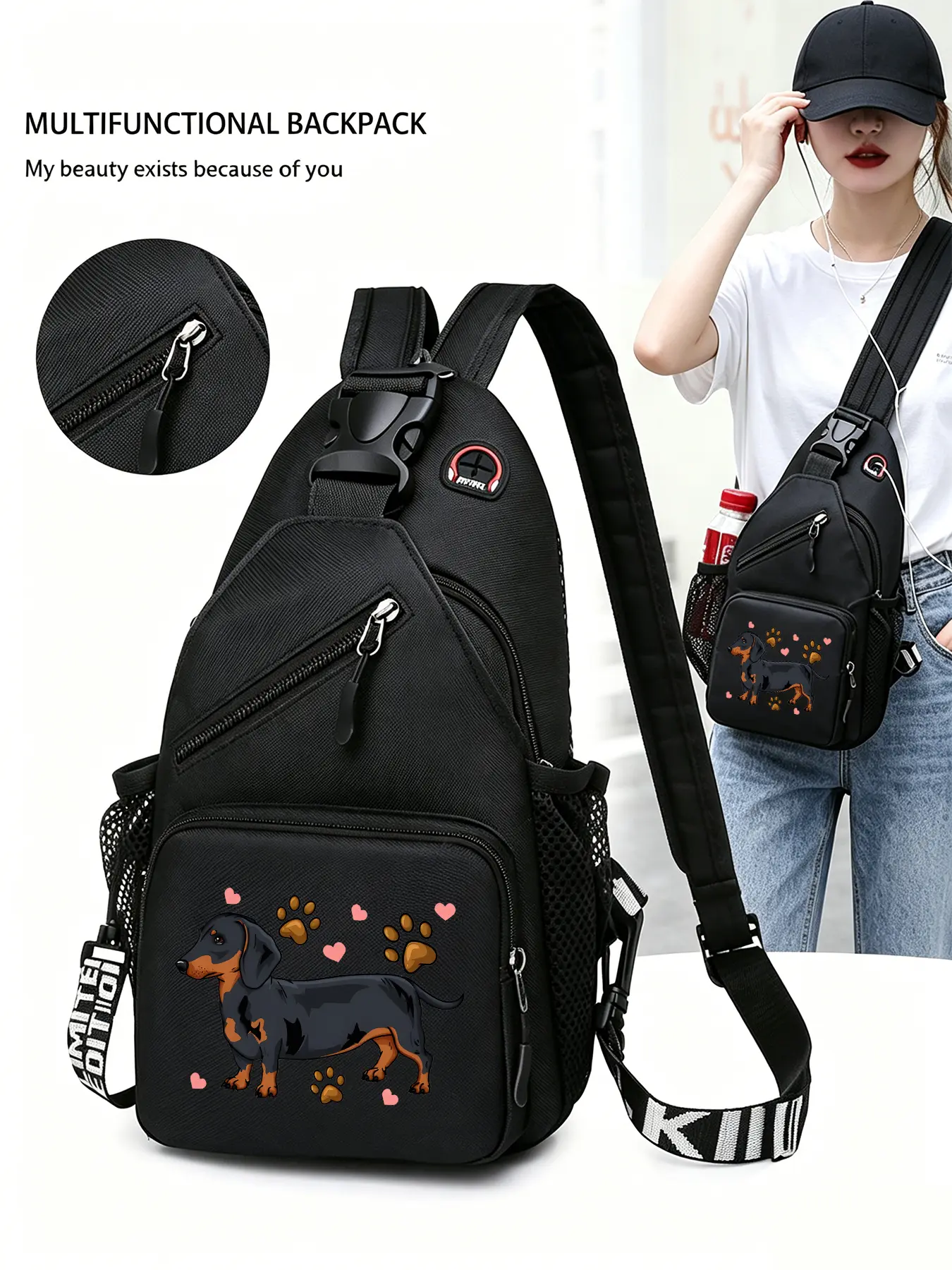 Dachshund Patterned Convertible Crossbody Bag/backpack, Multi-functional Chest Bag with Convertible Zippered Shoulder Strap, Multiple Pockets, Suitable for Travel, Sports, and Daily Commuting