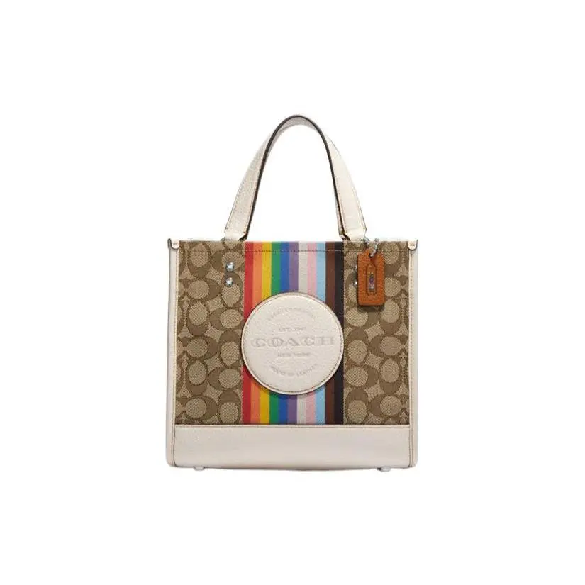 Coach Dempsey Tote 22 – Women’s Classic Monogram Rainbow Stripe Fabric-and-Leather Tote Bag in Brown and White