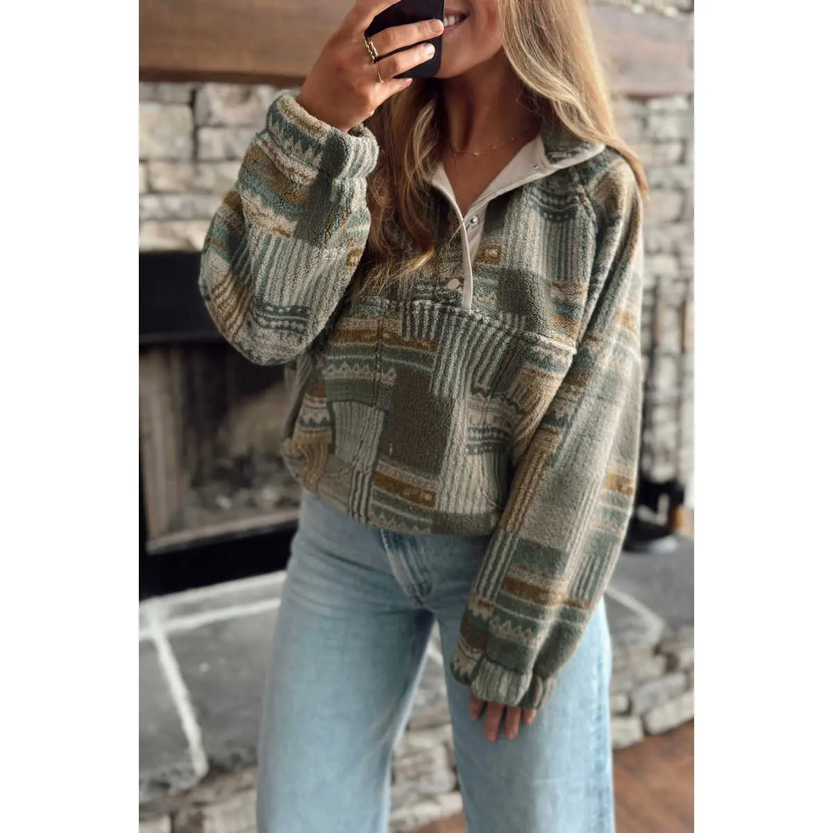 Green Western Print Fleece Pullover Long Sleeve Casual Fit Sweatshirt