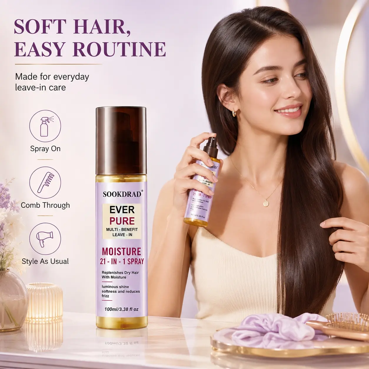 Leave-in spray, multi-benefit, 21-in-1 moisture spray, replenish dry hair, luminous shine, softness, reduce frizz, 100ml/3.38 fl oz