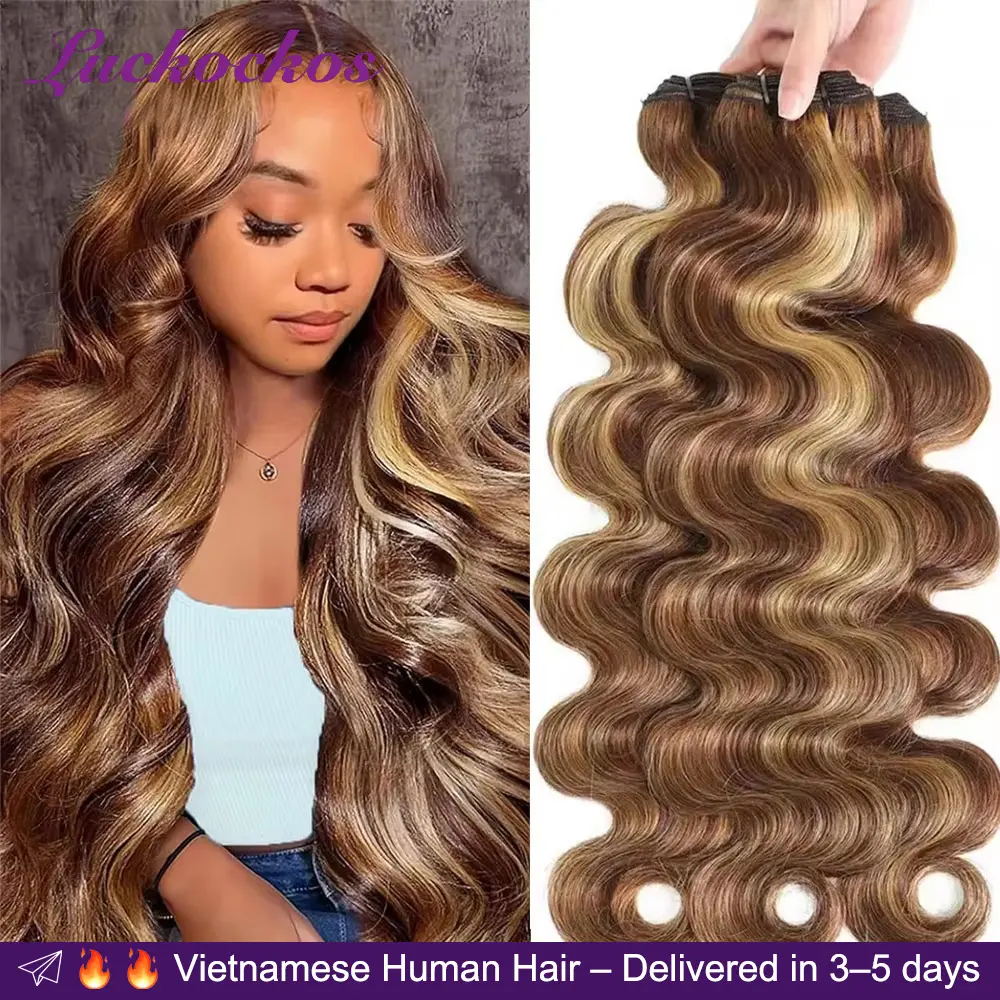 LUCKOCKOS Vietnamese Highlight Ombre Bundles Body Wave 100% Human Hair Bundle Brazilian Weave Raw Hair 1 3 4 Pcs Unprocessed Colored Double  Wet And Wavy Bundles Extensions 16 18 20 22 24 26 28 30 inches