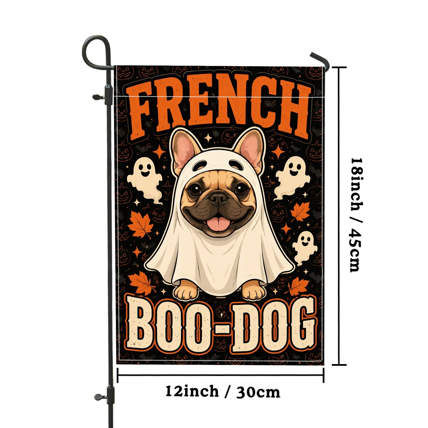 1pc French Bulldog Ghost Garden Flag, Cute Cartoon Halloween Style, French Boo-Dog Typography with Adorable Puppy in Ghost Costume and Autumn Leaves, for Front Porch Yard Garden and Halloween Decor