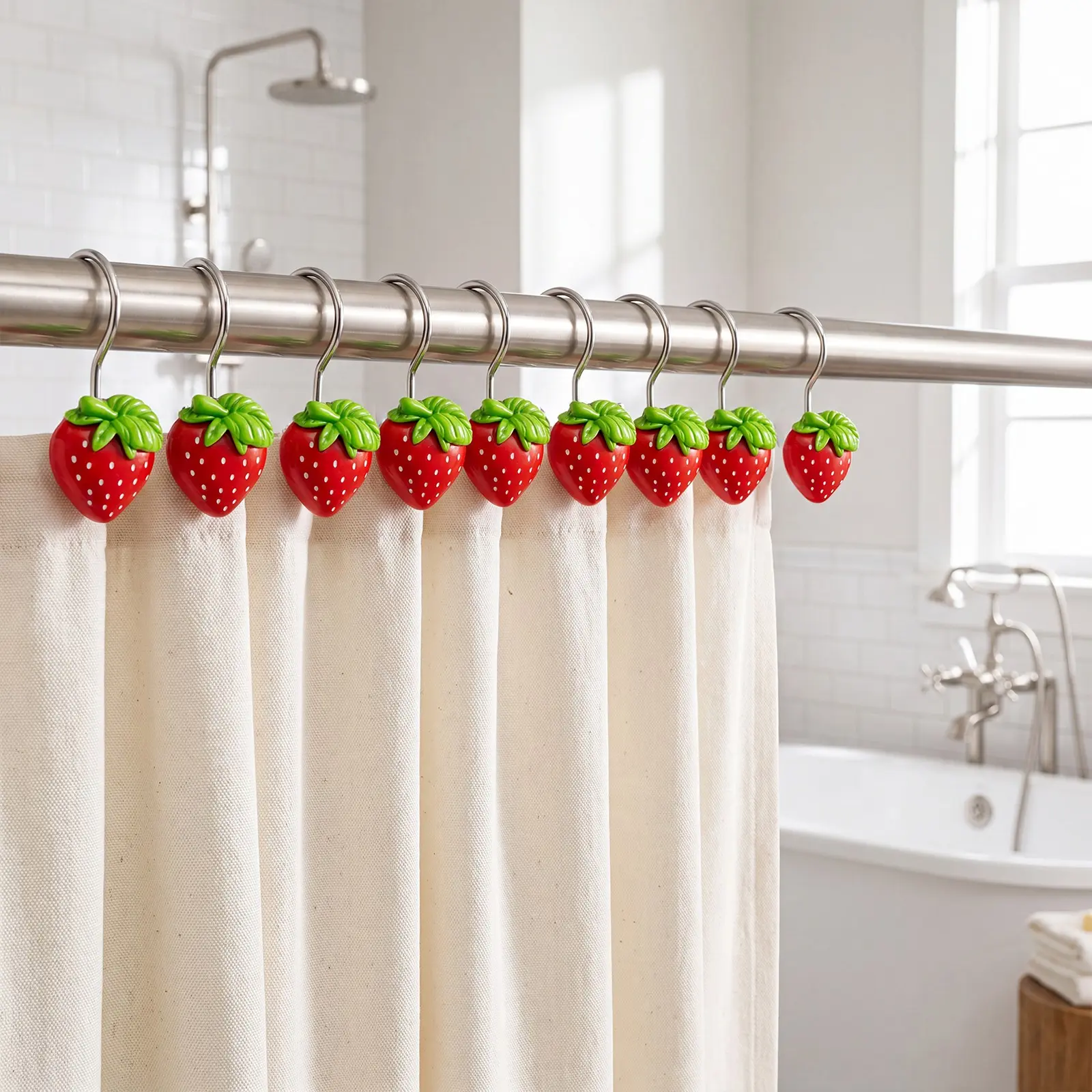 12-Piece Strawberry Bath Curtain Hooks, Plastic Shower Curtain Hooks, Durable Resin Stainless Steel Rust-Resistant, Modern Bathroom Decor, Easy Installation, Waterproof Design