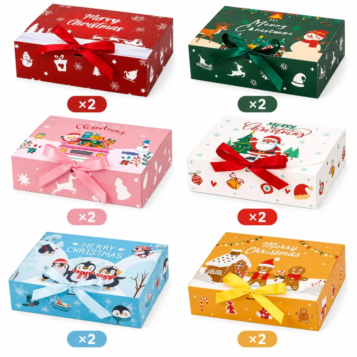 12Pcs Large Christmas Gift Boxes with Ribbon Bows (10.6x7.9x3.1"), 6 Designs Foldable Flap Treat Cookie Boxes for Holiday Parties & Presents (27x20x8cm)