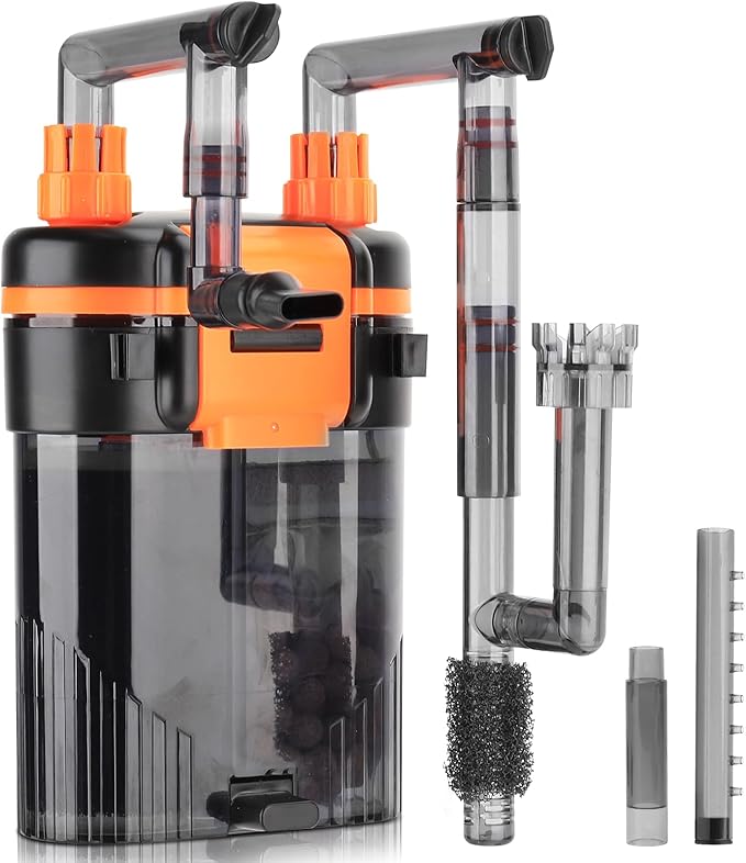 Hang-On-Back Canister Aquarium Filter,No Dry Burning Quiet Fish Tank Filter with Duckbill Nozzle Shower Pipe Outlet Oil Skimmer Adjustable Water Flow 3 Types Filter Media(5W/6W/7W/8W fo 10-60 gal)