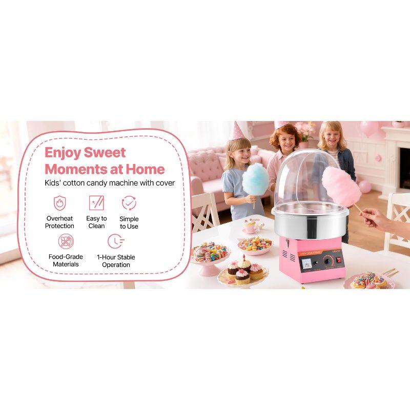 VEVOR Electric Cotton Candy Machine, 1000W Commercial Floss Maker With Cover, Commercial Cotton Candy Machine w/Stainless Steel Bowl Sugar Scoop, Ideal for Carnival, Birthday, Family Party, Pink