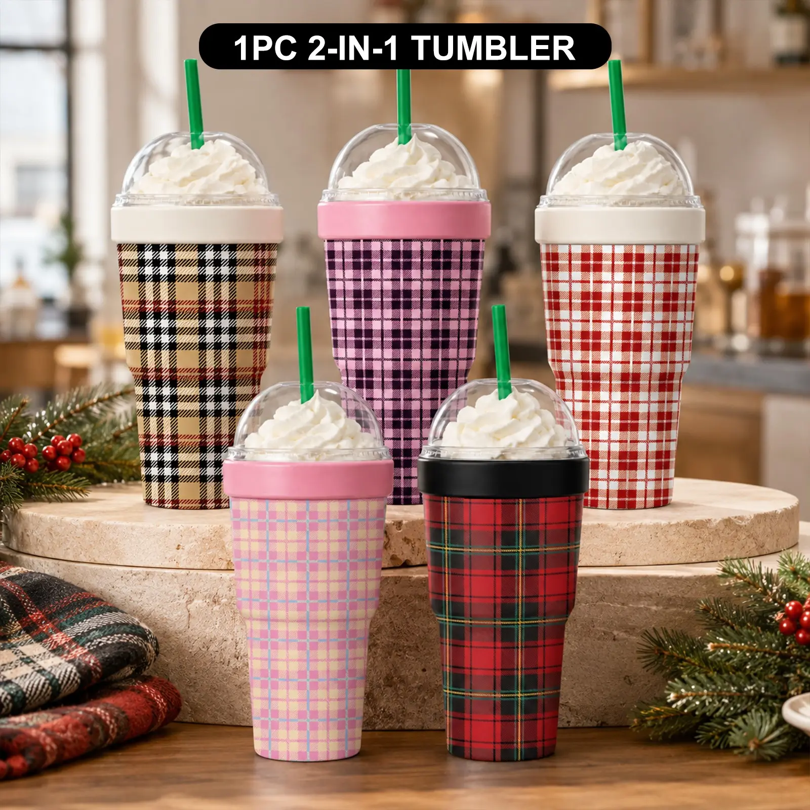 1PC 32oz Classic Plaid Print 2-in-1 Insulated Tumbler & Iced Coffee Cup Sleeve, Leak-Proof Double Wall Vacuum Stainless Steel Travel Mug, Cold 12+H & Hot 6+H, Fits 16–24oz To-Go Cups, Christmas Holiday Gift for Friends & Family, Drinkware