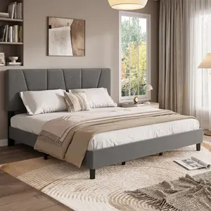 Adjustable Headboard Grey Linen Upholstered Platform Bed Frame, Sturdy Wooden Slat Support, No Box Spring Required, Simple Fast Assembly, Full Queen King Sizes Modern Bedroom Furniture