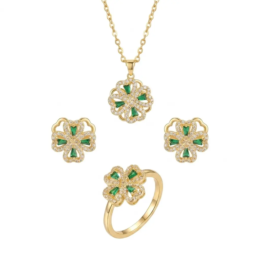 18K Gold Plated Clover Jewelry Set for Women, Hypoallergenic Emerald & CZ Pendant Necklace, Adjustable Ring & Stud Earrings, Lucky Charm Everyday Wear, Non-Tarnish, Gift for Her, Bridal, Party, Casual Occasions