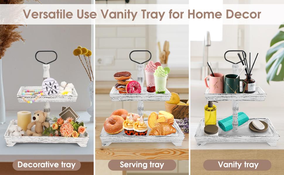 2 Tiered Stand With Metal Handle - Farmhouse Wooden Rustic Square Serving Tray for Home Kitchen Decor, Coffee Table (Distressed White)