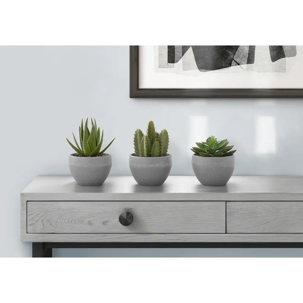 Decorative 3-Piece 6 in Long-Lasting Perennial Artificial Succulent Plants - Faux Potted Greenery in Grey Cement Pots, Small Indoor Tabletop Decor for Desks, Homes with Natural Look
