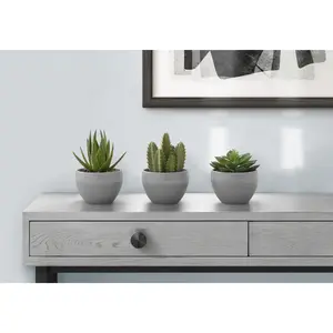 Artificial Plant, 6" Tall, Succulent, Indoor, Faux, Fake, Table, Greenery, Potted, Set Of 3, Decorative, Green Plants, Grey Cement Pots