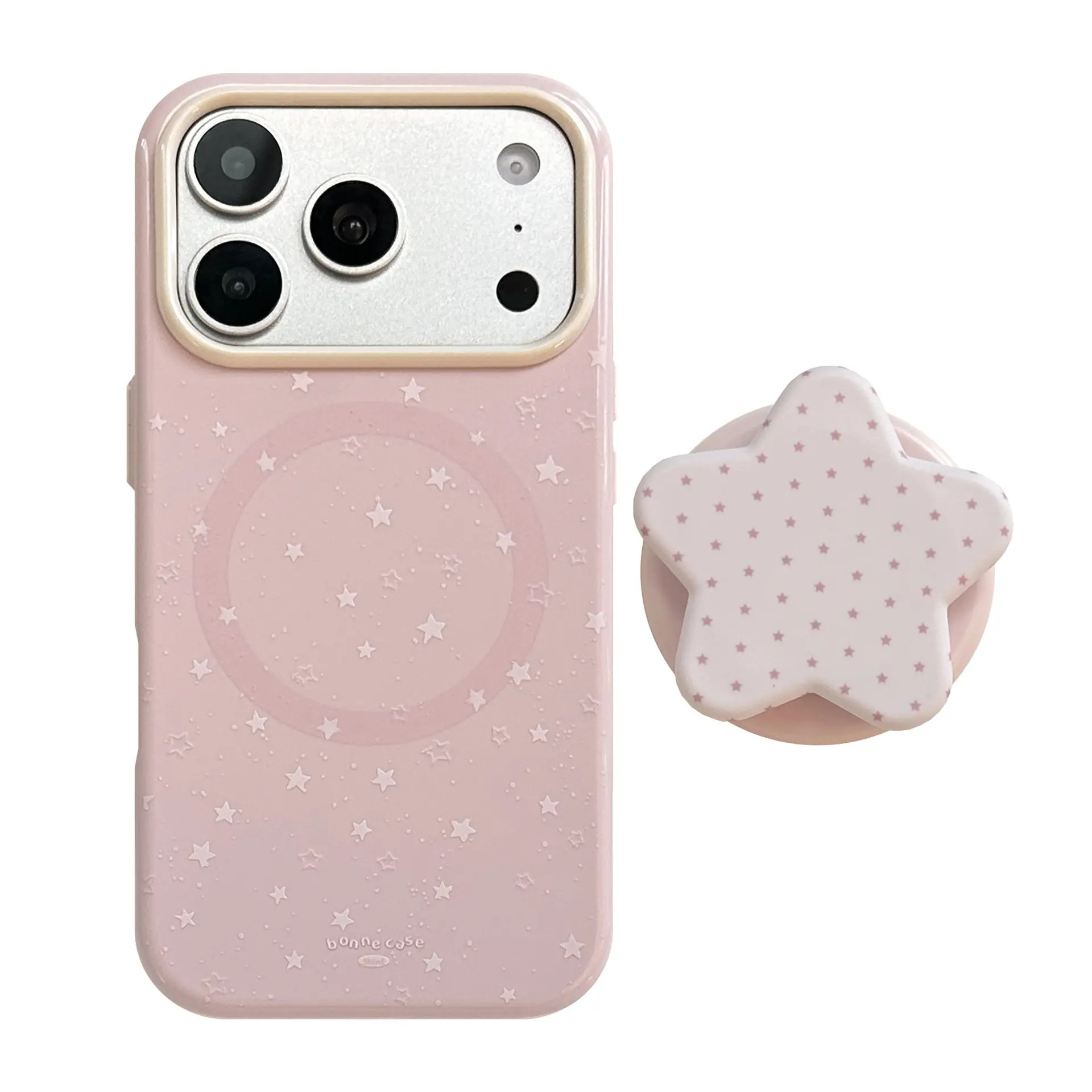 Cute Pink Star Print TPU Film Magnetic Stand Soft Phone Case - Anti-Fall Protector Cover for iPhone 13,14,15,16,17 Pro Max Series, Girls' Smartphone Accessories Gift