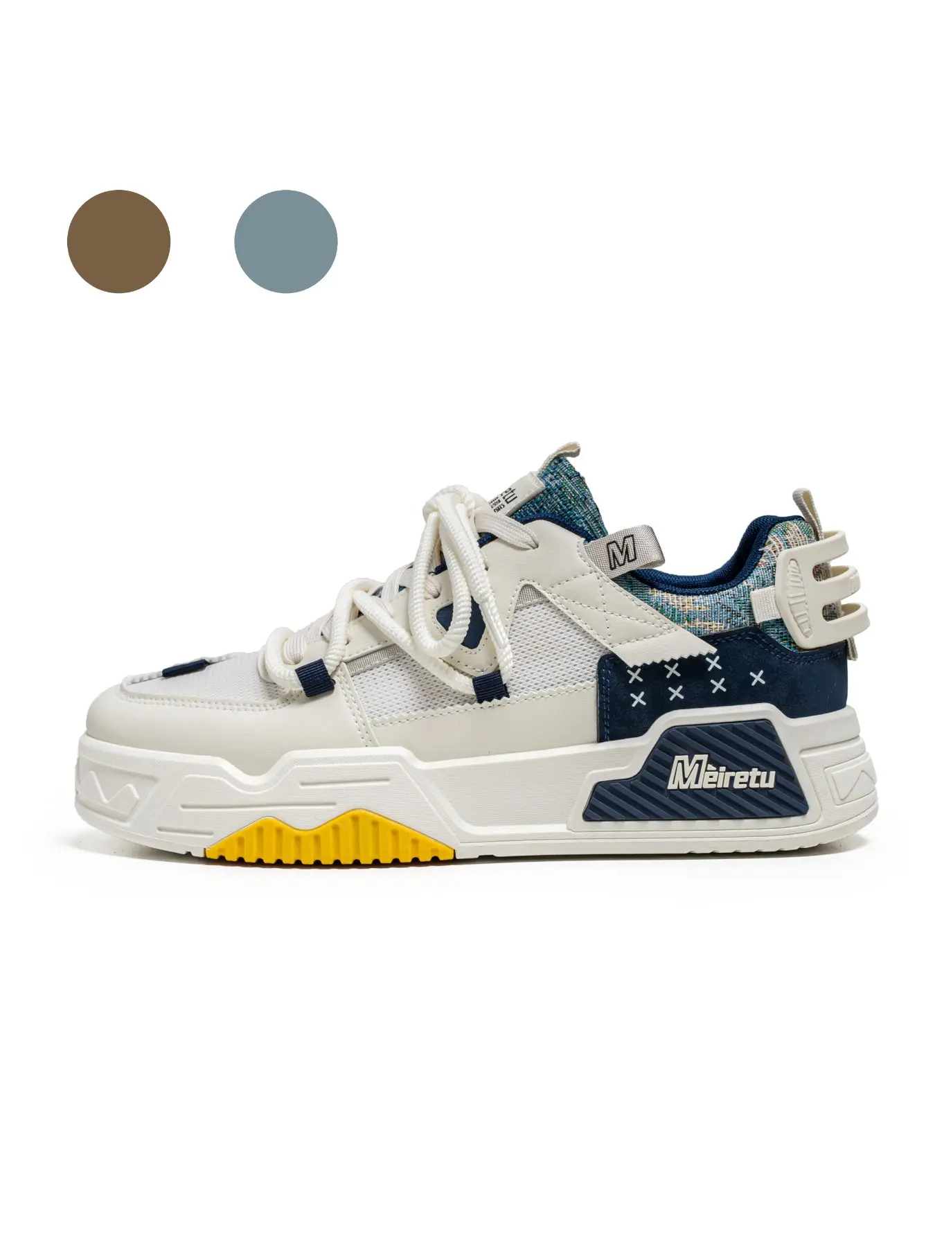 Men's Beige-Navy Color-Block Platform Dad Shoes: Mesh Breathable + Height-Increasing Anti-Slip, High-Street Trendy Sneakers Sports Shoes Platform Trainer