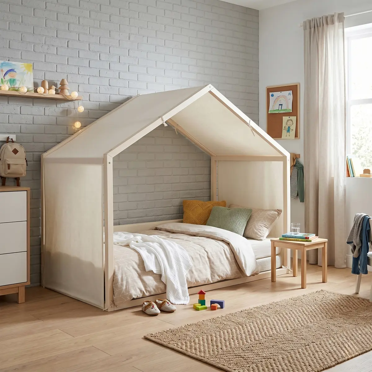 Antique White Twin‑Size Canopy Platform Bed, Plywood MDF Frame with Plush Velvet Upholstered Side Panels, Breathable Linen Canopy Top, 500 LBS Load Capacity No Box Spring Needed Minimalist Bed for Bedroom Apartment Guest Room