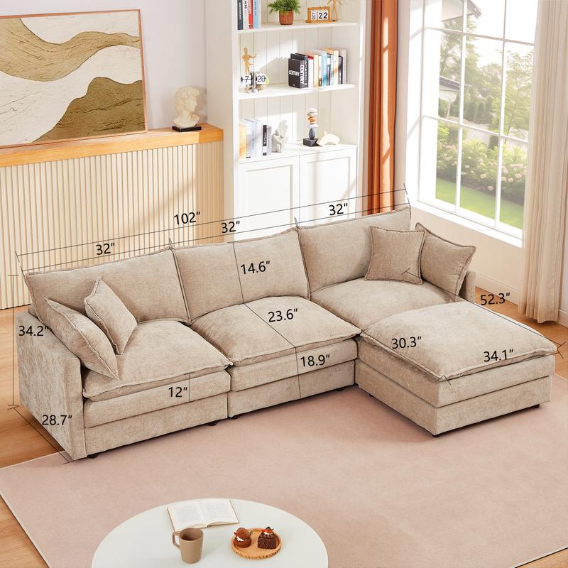 Sectional Sofa Modular Couch 102 Inch L Shaped Couch Set for Living Room, 3-Seater Comfy Cloud Couches with Movable Ottoman, DIY Combination, Chenille, Coffee