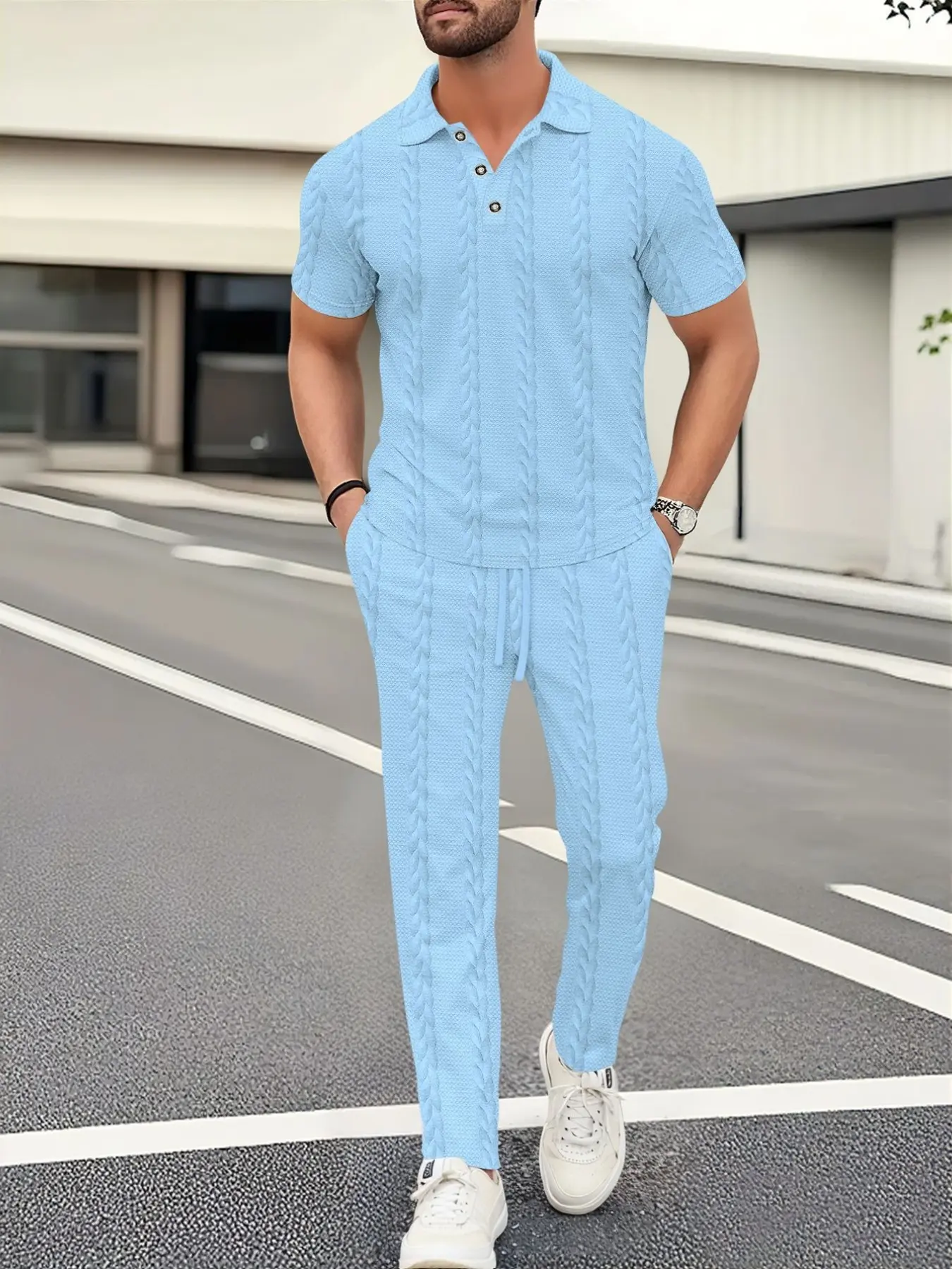 Men's 2-Piece Set Twisted Texture, Collared Polo Short Sleeve Shirt + Elastic Drawstring Long Pants, Casual Vacation Wear