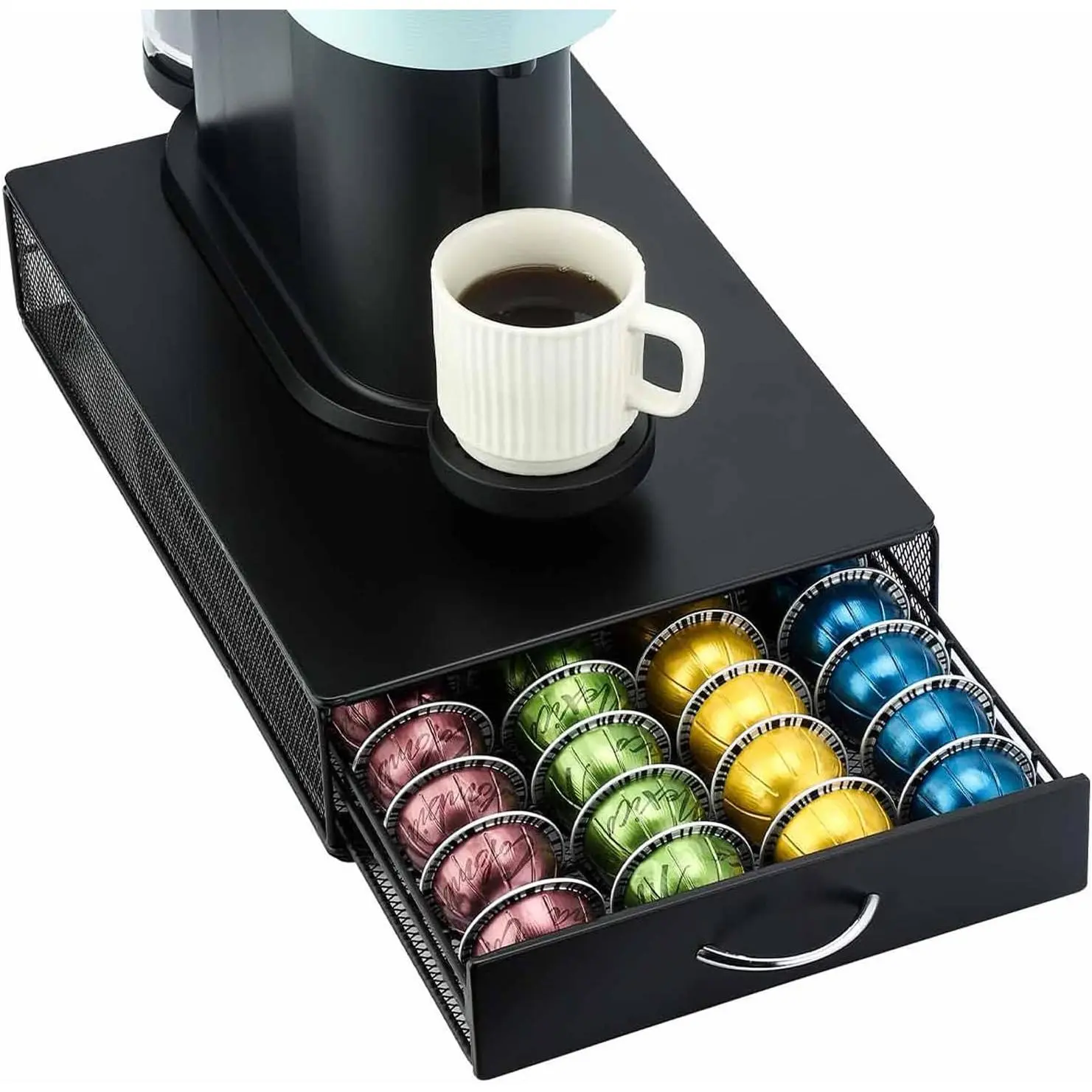 Vertuo Pod Holder Storage Drawer for Nespresso Vertuo Capsule Organizer Drawer Tray with Mesh Shelves for Nespresso Vertuo Holder Black Metal (40 Pods Capacity)