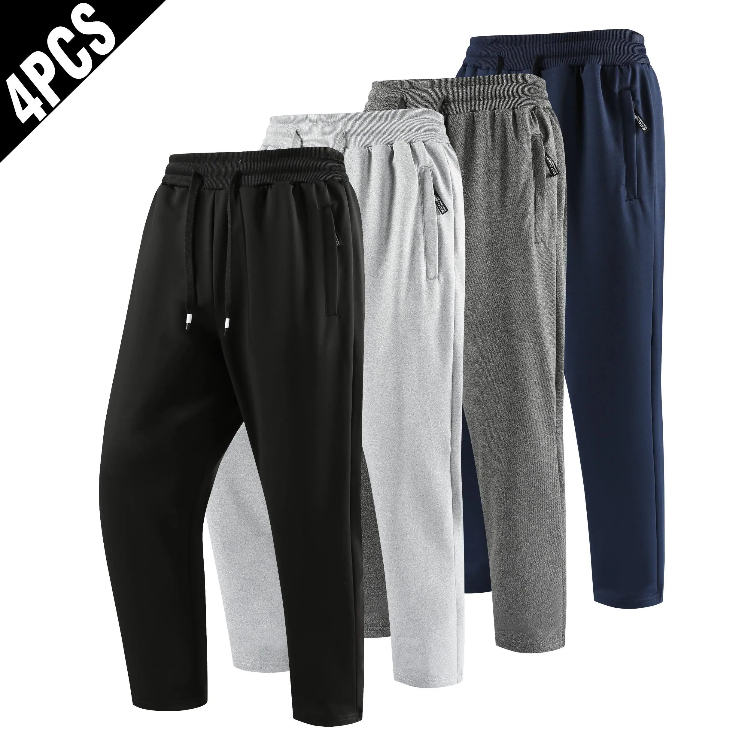 4 Pack Men’s Zipper Pocket Straight Leg Sweatpants, Drawstring Elastic Waist Straight Fit Lightweight Casual Athletic Trousers Multipack male clothes com frt clothing Workout men