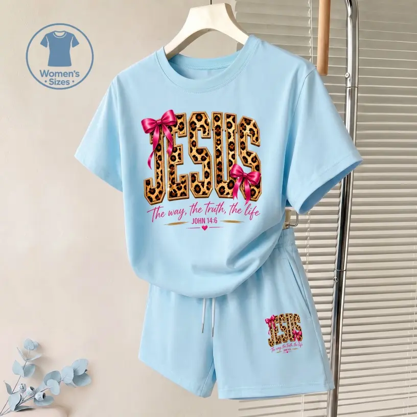 Women's Jesus The Way The Truth The Life Graphic Short Sleeve T-Shirt And Shorts Set, Casual Summer Two-Piece Outfit With Crew Neck Top And Drawstring Waist Shorts For Daily Wear