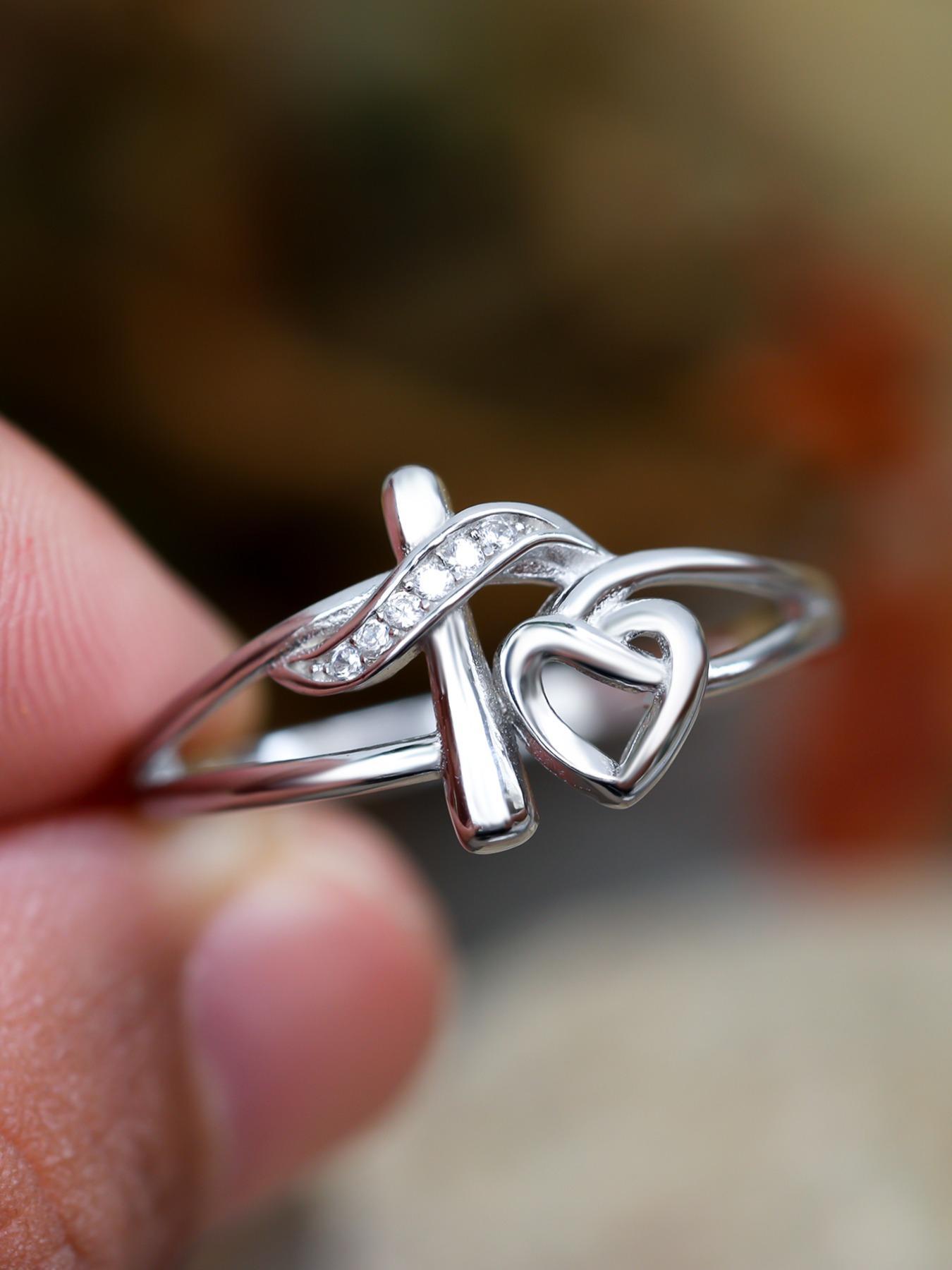 S925 Sterling Silver Hollow Out Cross & Heart Design Ring for Women, Heart Shaped Ring, Fashion Jewelry for Party, Daily Decor, Trendy All-match & Exquisite Jewelry for Birthday Gift, with Box