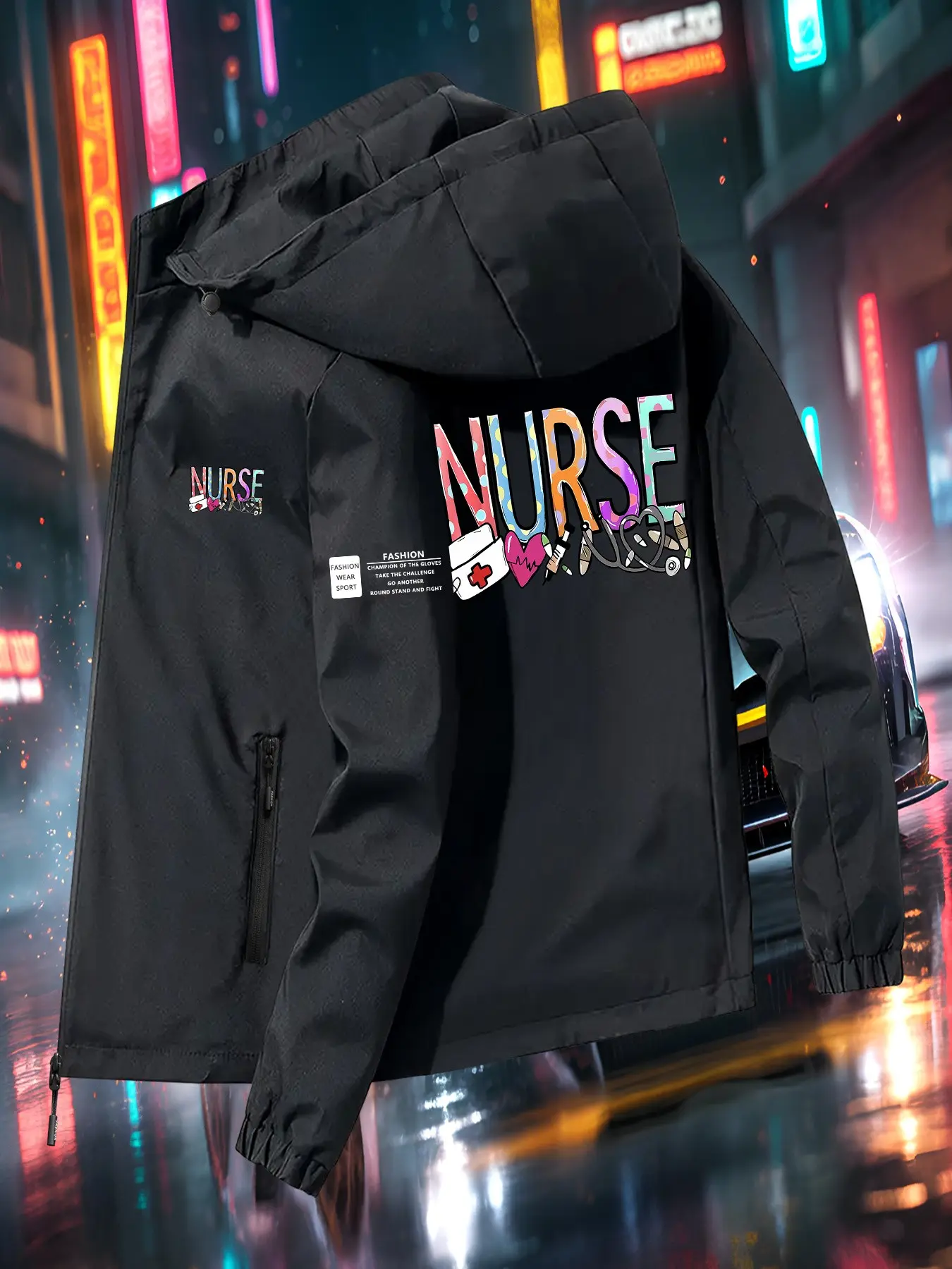 Nurse Print Windbreaker Jacket, Lightweight Outerwear for Hiking, Camping, Daily Use, Casual Loose-Fit, Fall & Winter