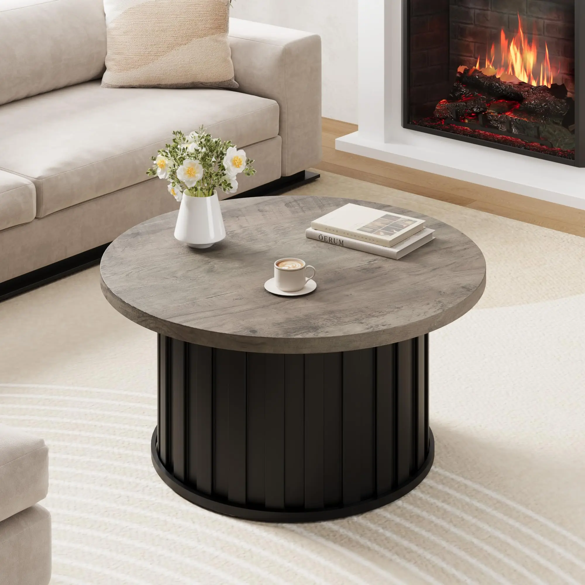 31.9" Round Fluted Texture Coffee Table, Mid Century Modern Accent Table with Solid Metal Base, Vintage Style Center Table for Living Room Apartment Small Spaces