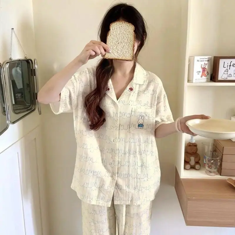 New Style Light Blue Miffy Expression Pure Cotton Short Sleeves Pajamas Female Summer Lounge Clothes Suit Can Be Worn Outside