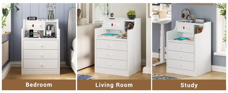 Sikaic Nightstand with 3 Drawers Charging Station White Bedside Cabinet Modern Accent Tables USB Ports Power Outlets Storage Modern Furniture
