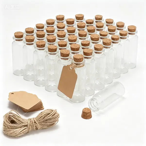 50 Pack 20ml Wooden Hawaiian Mini Glass Perfume Bottles with Cork Stoppers (29x64mm), Wedding Message Wishing Bottles with Labels & Twine, Reusable Home Organizer Jars for DIY Decoration & Gift Packaging