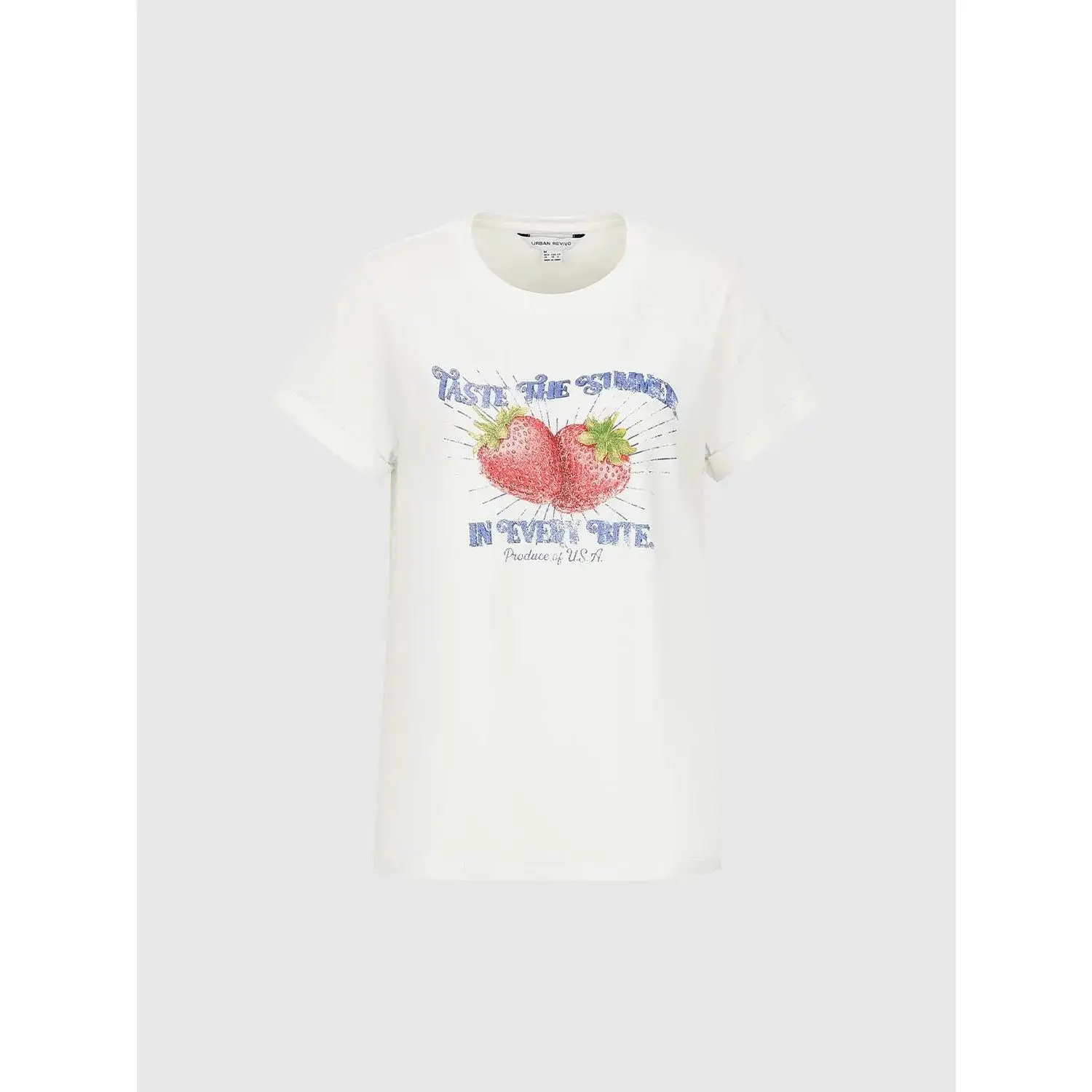 URBAN REVIVO Strawberry Graphic Crew Neck T-Shirts, Shortsleeve, Blue, Cotton, Round Neck, Casual, Soft, Top