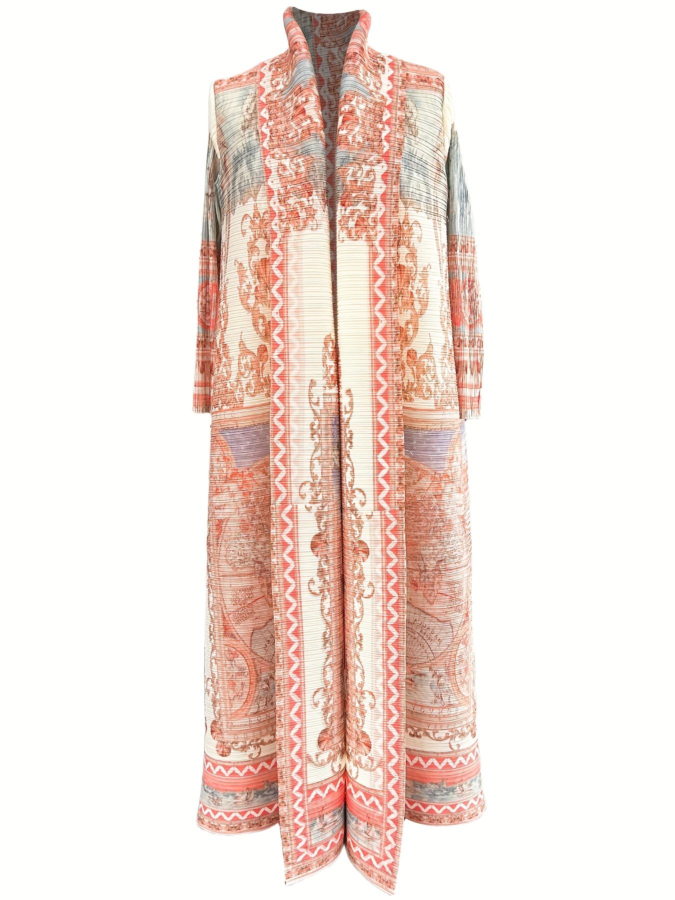 [Pastel Plisse Abaya] Dubai Style Pastel Vintage Print Plisse Abaya - Soft Peach & Blue Landscape Pattern Cardigan - Modest Muslim Fashion for Ramadan Eid - Elegant Long Sleeve Maxi Robe - Light Summer Outwear