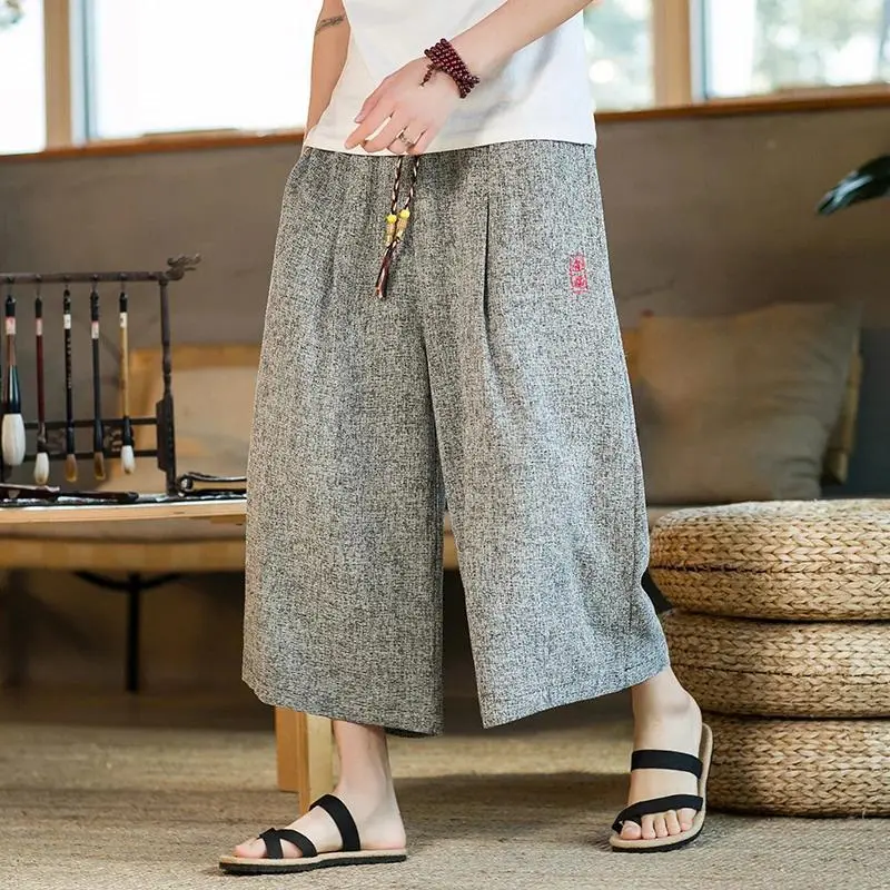 Menswear Preppy Japan-Style Polyester Kimono Pants for Men - Lace-Up Elastic Waist, Vintage Casual, Calf-Length, Baggy Wide-Leg Streetwear Basics, Machine Washable Trousers