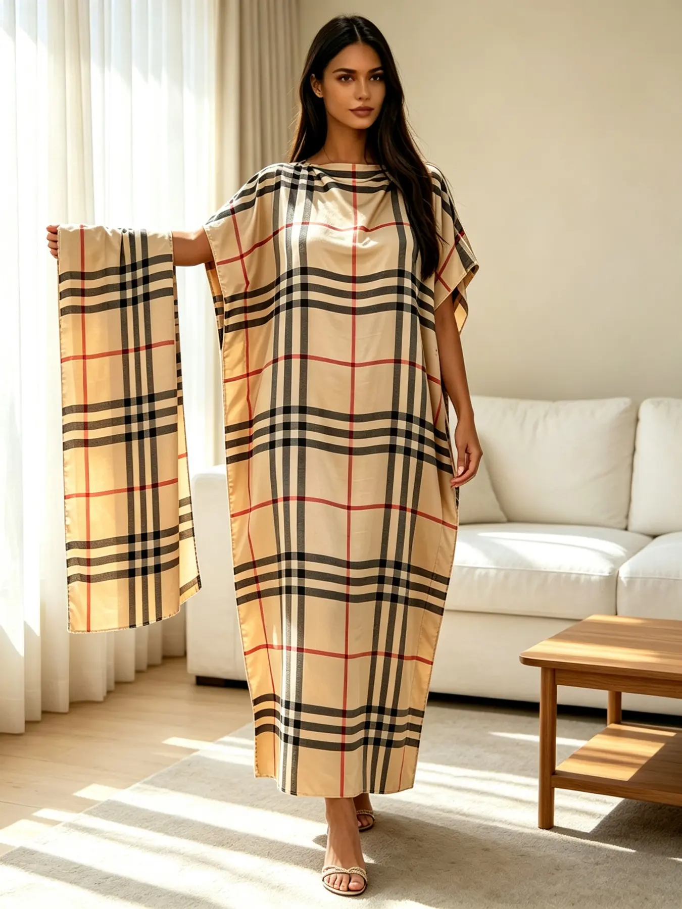 Plus Size Women's Two-Piece Satin Kaftan Set, Classic Plaid Long Split Sleepwear with Matching Scarf, Loose Fit for Home, Beach, Vacation
