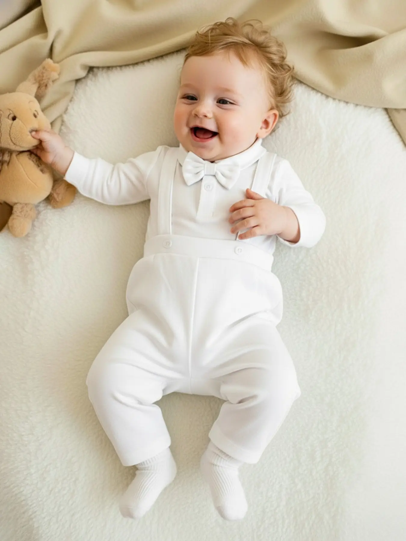 Baby Boy Long Sleeve Collared Romper + Strap Pants Set, Perfect for Spring Summer Casual, Stylish Two-Piece Ensemble for Boys, Baby Boy Clothes