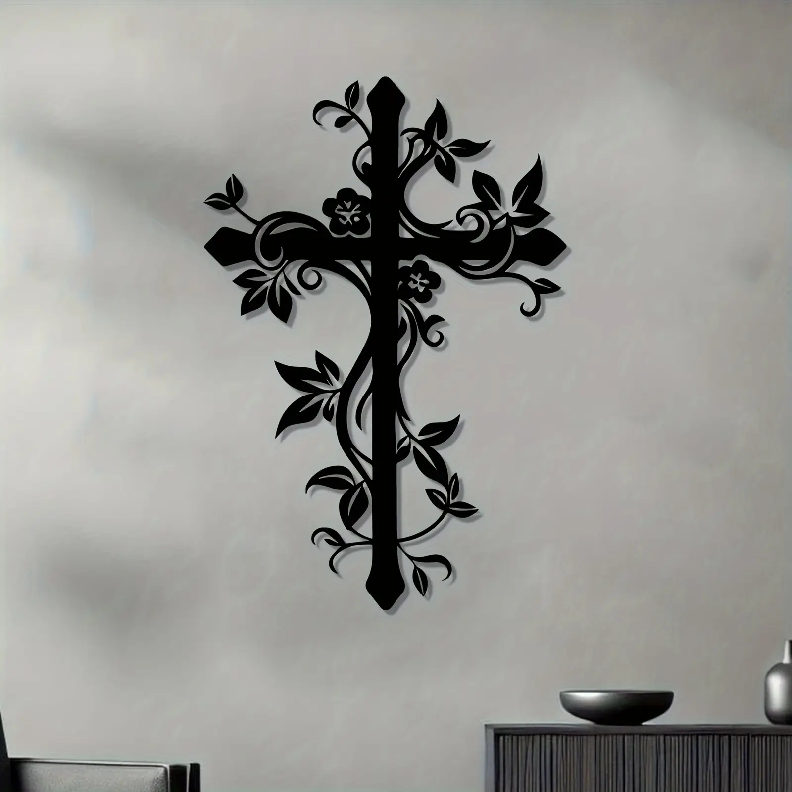 A Cross Vine Metal Wall Art Sculpture - Rust-Resistant Iron Religious Statue, Featuring Elegant Vines and a Cross Design, Perfect for Church, Home, or Garden Fence Decoration - Religious Christmas/Easter Gift with Faith-Themed Decor