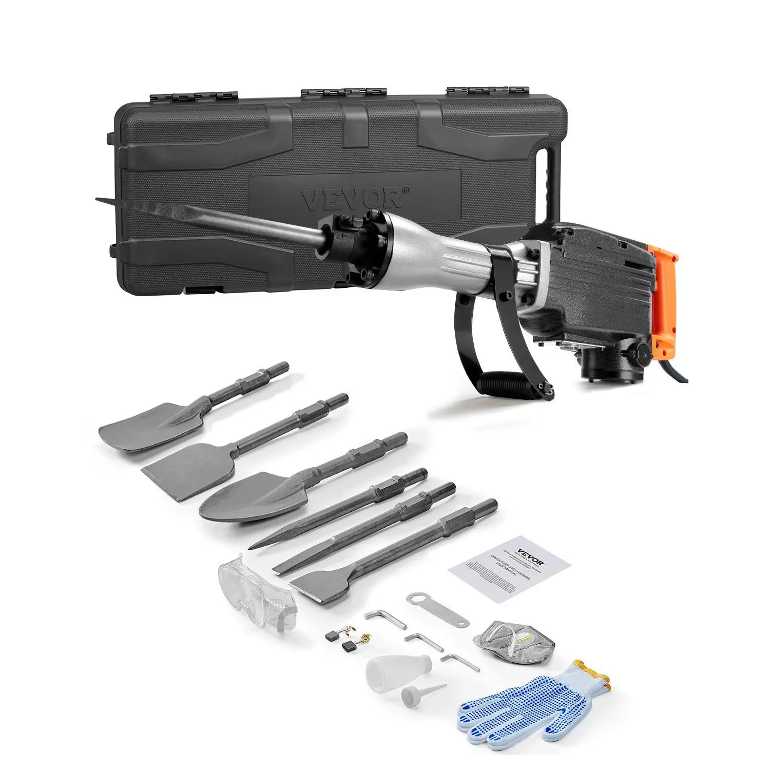 VEVOR Demolition Jack Hammer, 1350 BPM Concrete Breaker 6pcs Chisels Bit Chipping with Case, 2200W Electric Jackhammer Heavy Duty, Black