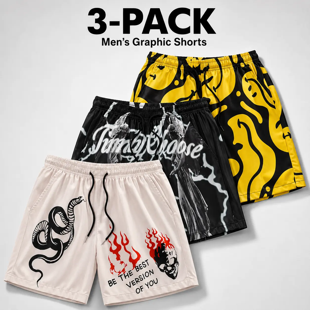 Men's 3-Pack Utility Athletic Graphic Shorts - Quick-Drying, Comfortable, Breathable Sports Shorts, Machine Washable for Summer Beach Casual Athletic Performance Wear, Men’s Shorts, Comfortable Breathable Men's Sports Shorts