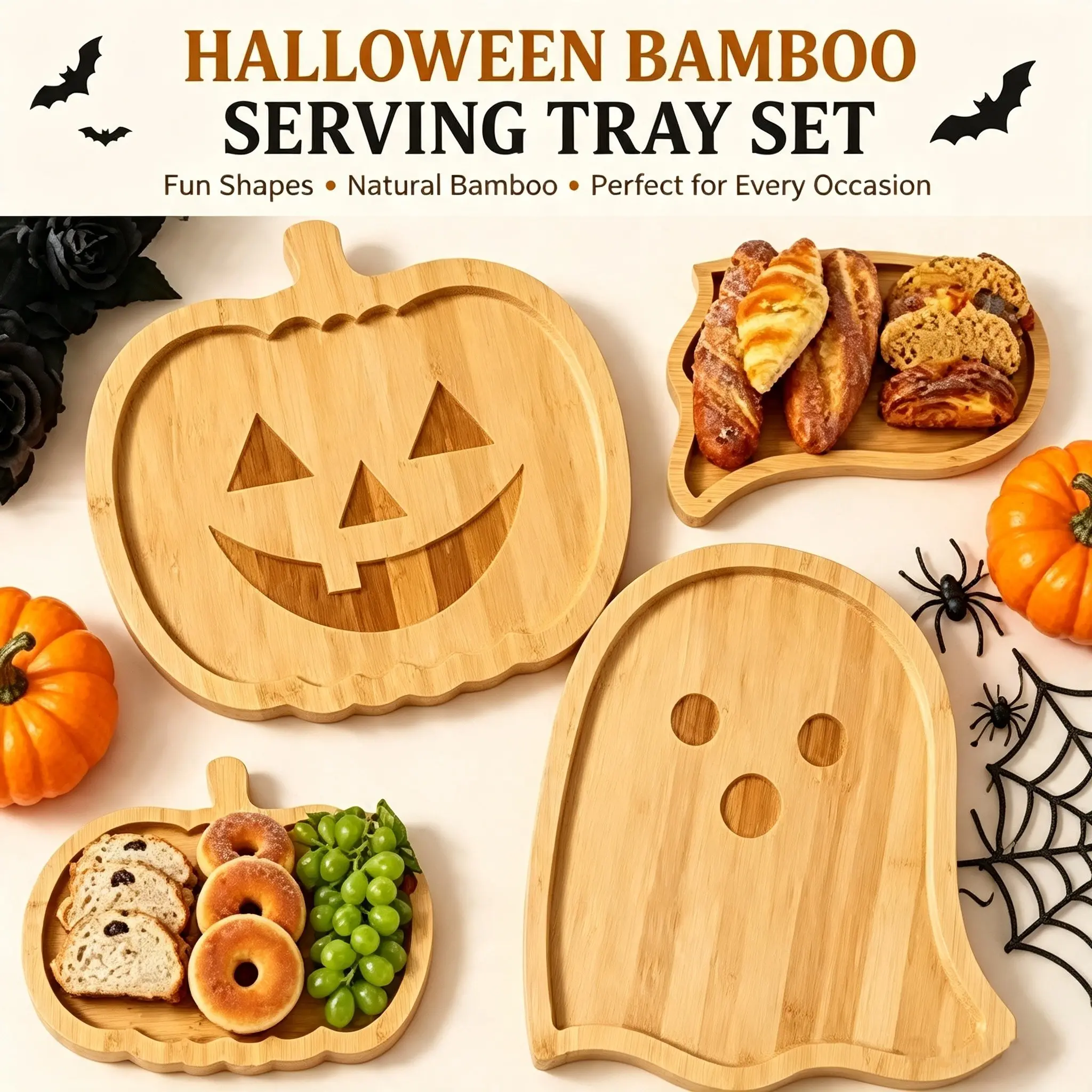 2-Piece Halloween Pumpkin and Ghost-Themed Charcuterie Set, Bamboo Cheese Platter, Appetizer Board, Party Plates, Home Party Tableware, Perfect for Serving Cheese, Fruit, Snacks, and More. A Festive Housewarming Gift, Wooden Snack Plates.