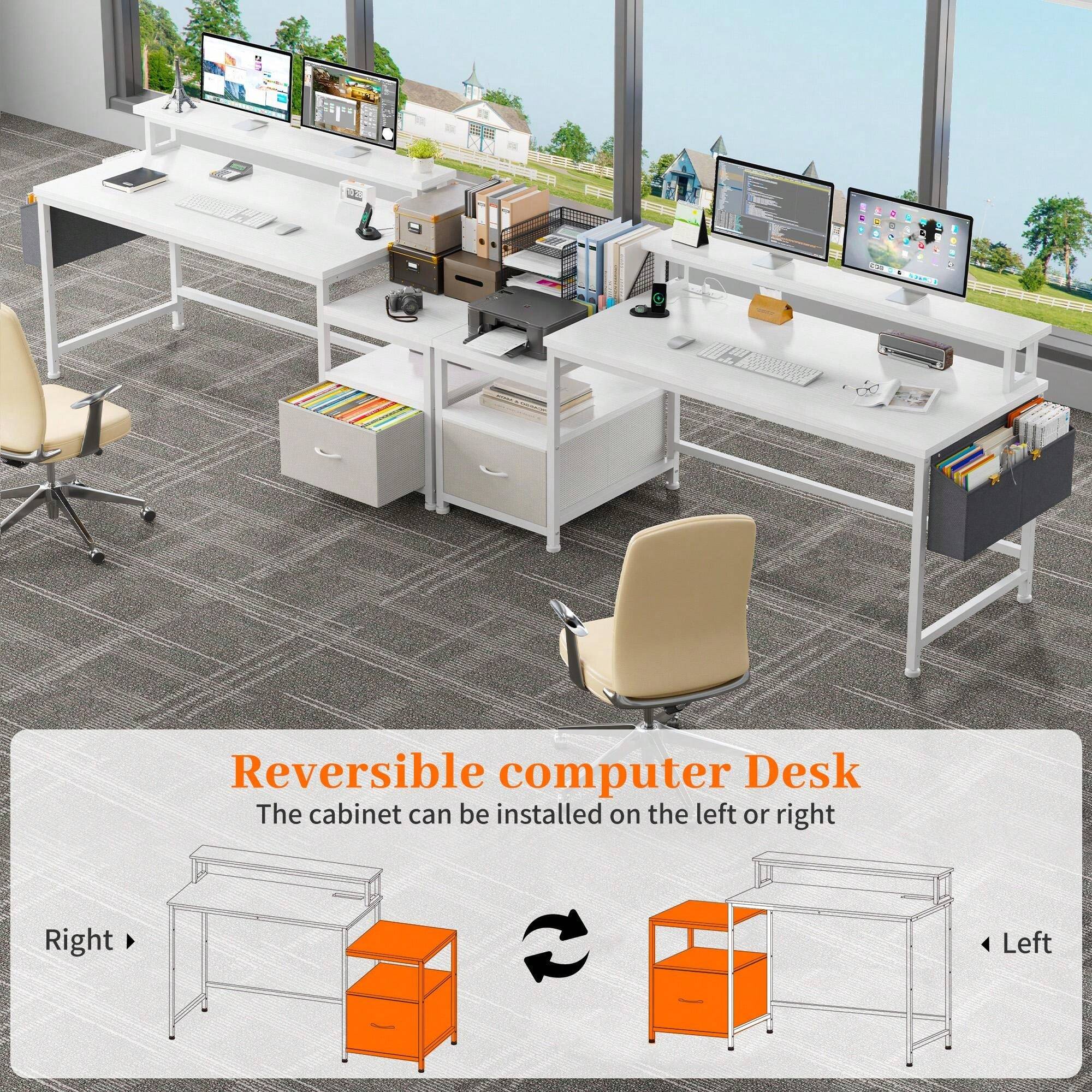 56.5" Computer Desk With File Drawers Cabinet, Study Writing Gaming Desk With Power Outlets, Home Office Desk With Shelves Monitor Stand, Work Table With Printer Space